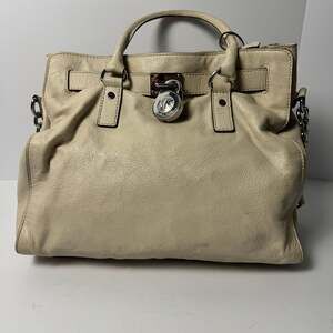 Michael Kors Hamilton Large Satchel in Vanilla Leather with Silver Hardware
